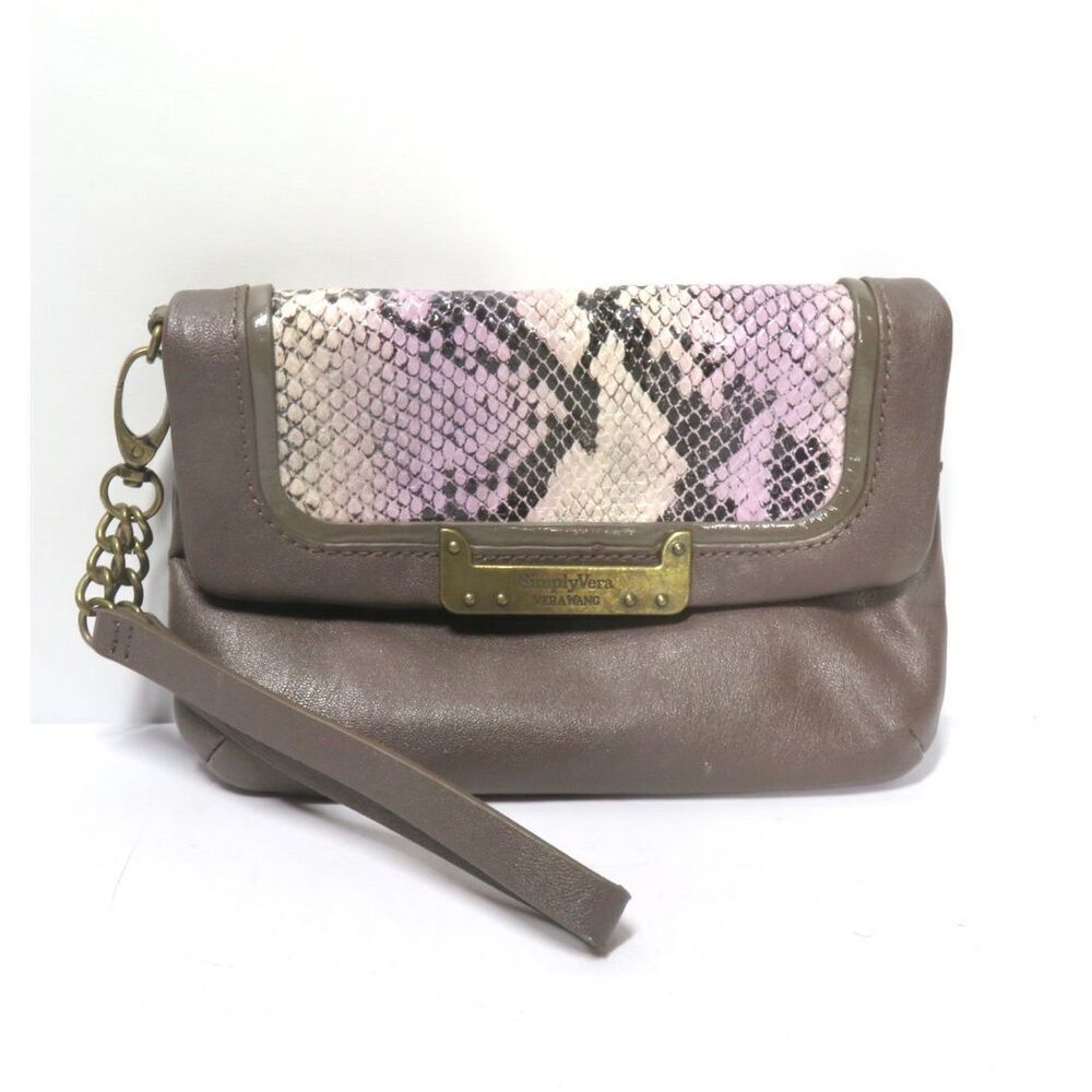 Simply Vera Wang Leather Wallet Clutch Wristlet Strap Brass Hardware Gray Purple